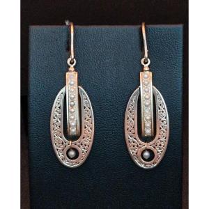 Paire De Pendants d'Oreilles Anciens Napoléon III, Or Perles Fines 