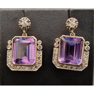 Art Deco Earrings Circa 1930/1940 Gold Diamonds Amethyst