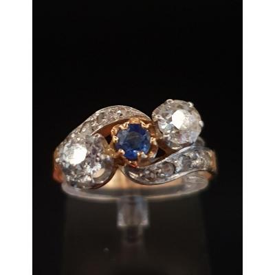 Bague Ancienne Vers 1900 Or, Diamants Et Saphir