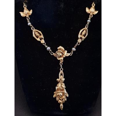 Art Nouveau Gold And Pearls Necklace