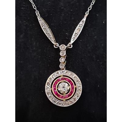 Pendentif Art Déco,  Platine Or Diamants Rubis*