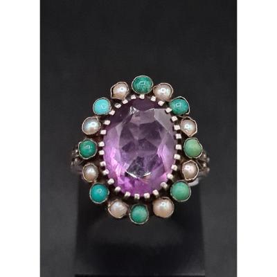 Daisy Ring Old Silver Amethyst Turquoise Beads