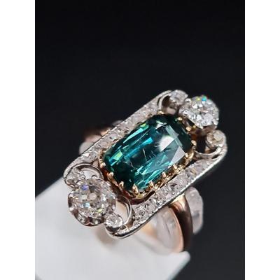 Sublime Bague Ancienne Belle Époque 1900 Or Diamants Tourmaline Verte