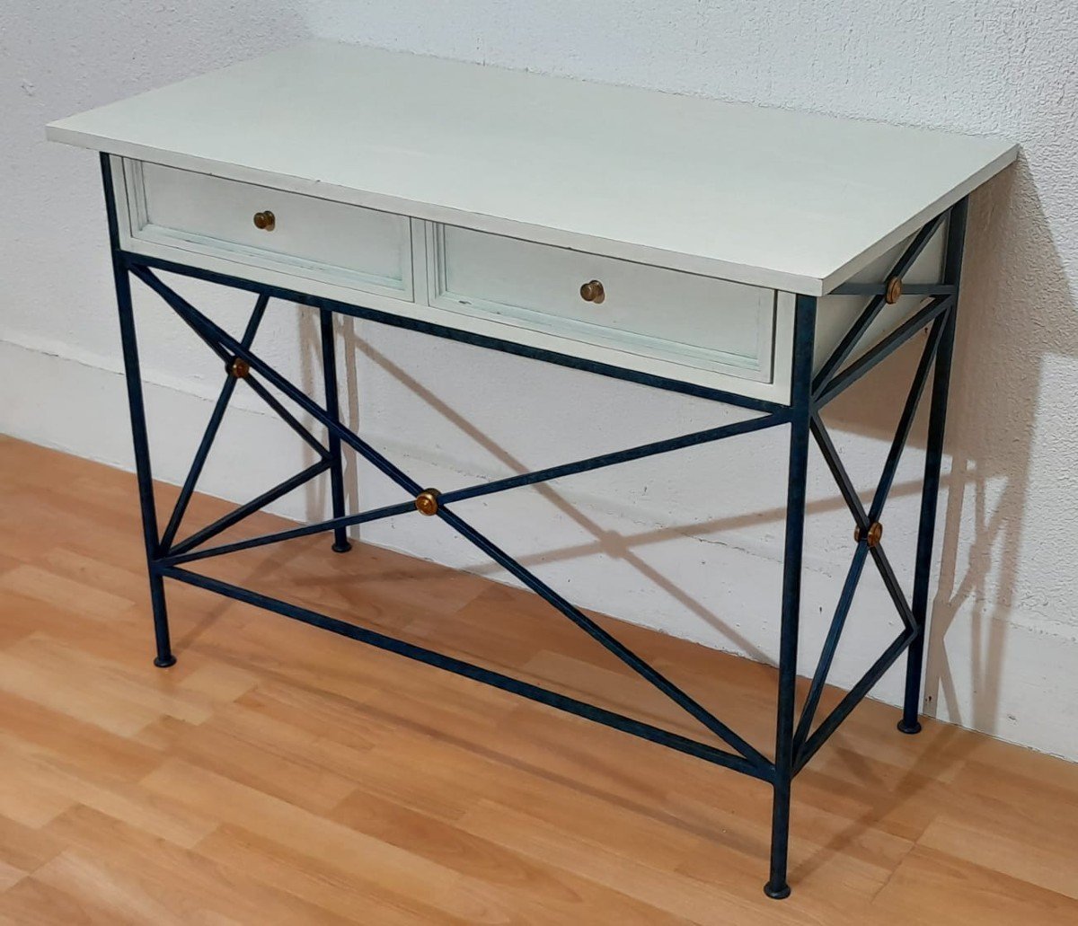 Midnight Blue Lacquered Wrought Iron Console With A White Lacquered Top, Hotel Decoration-photo-2
