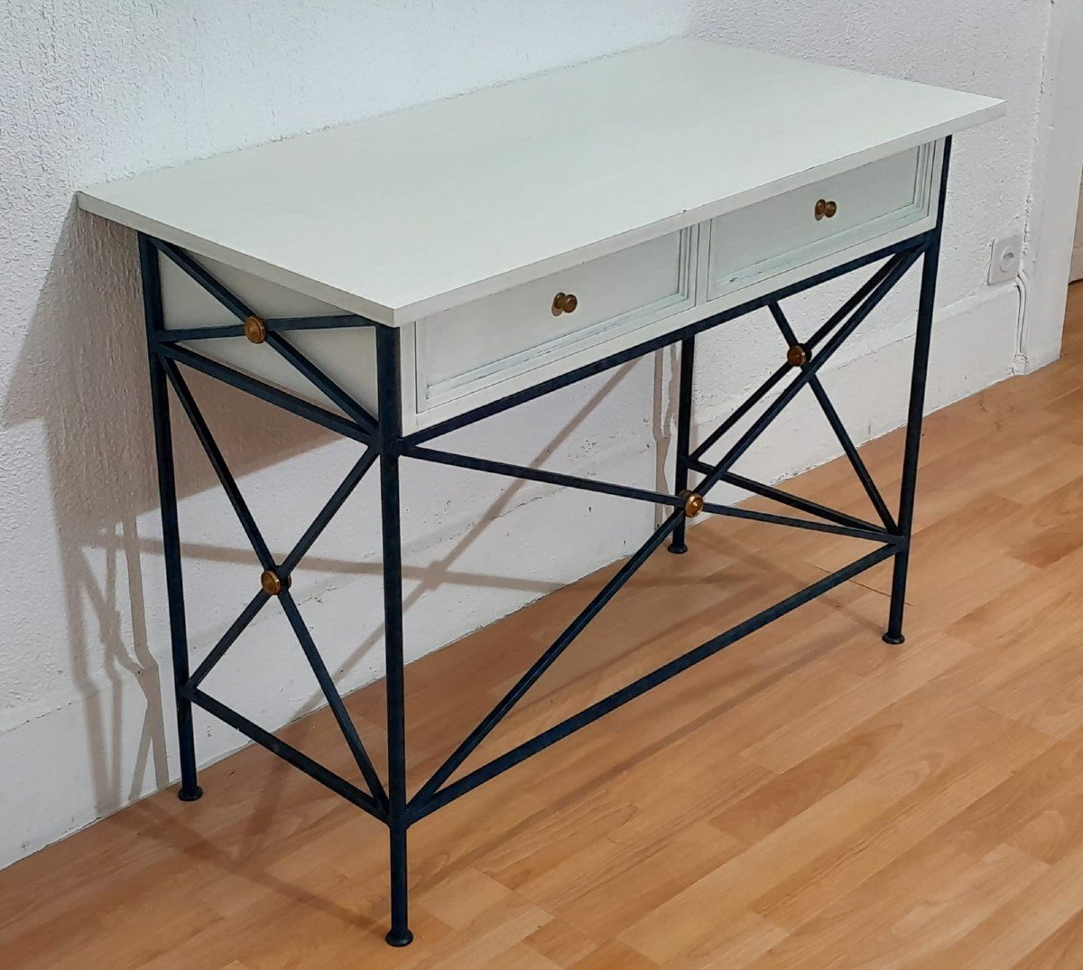 Midnight Blue Lacquered Wrought Iron Console With A White Lacquered Top, Hotel Decoration-photo-2