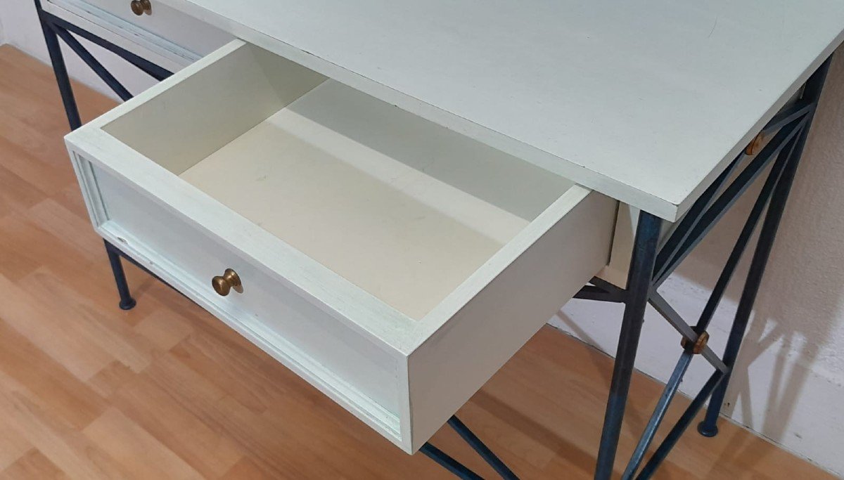 Midnight Blue Lacquered Wrought Iron Console With A White Lacquered Top, Hotel Decoration-photo-7