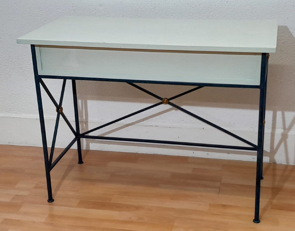 Midnight Blue Lacquered Wrought Iron Console With A White Lacquered Top, Hotel Decoration-photo-5