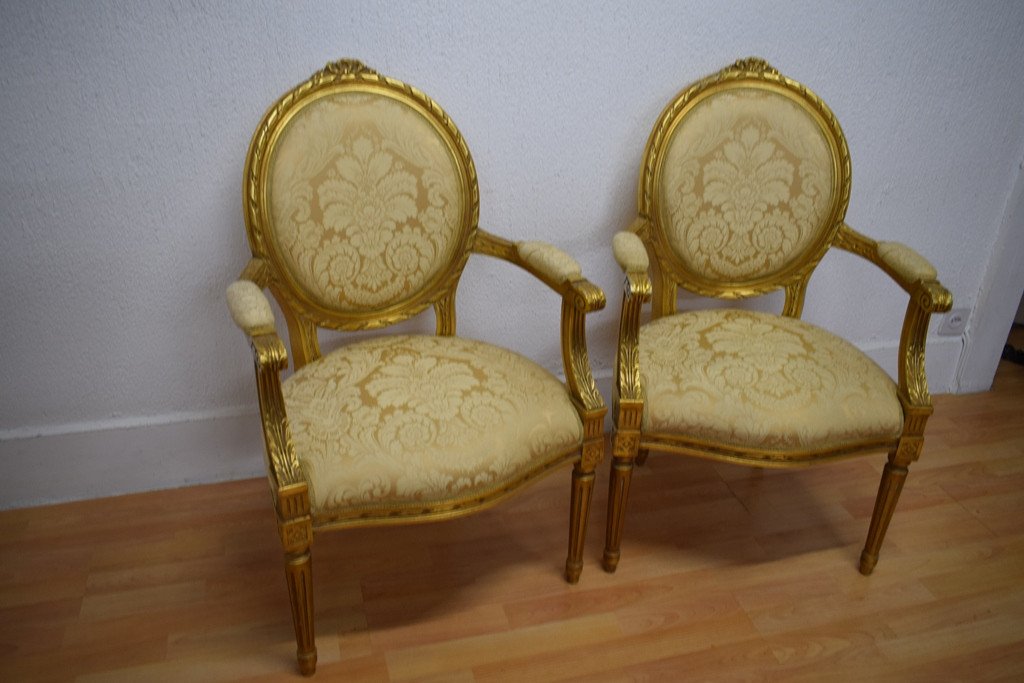 Pair Of Louis XVI Cabriolet Armchairs In Golden Wood-photo-2