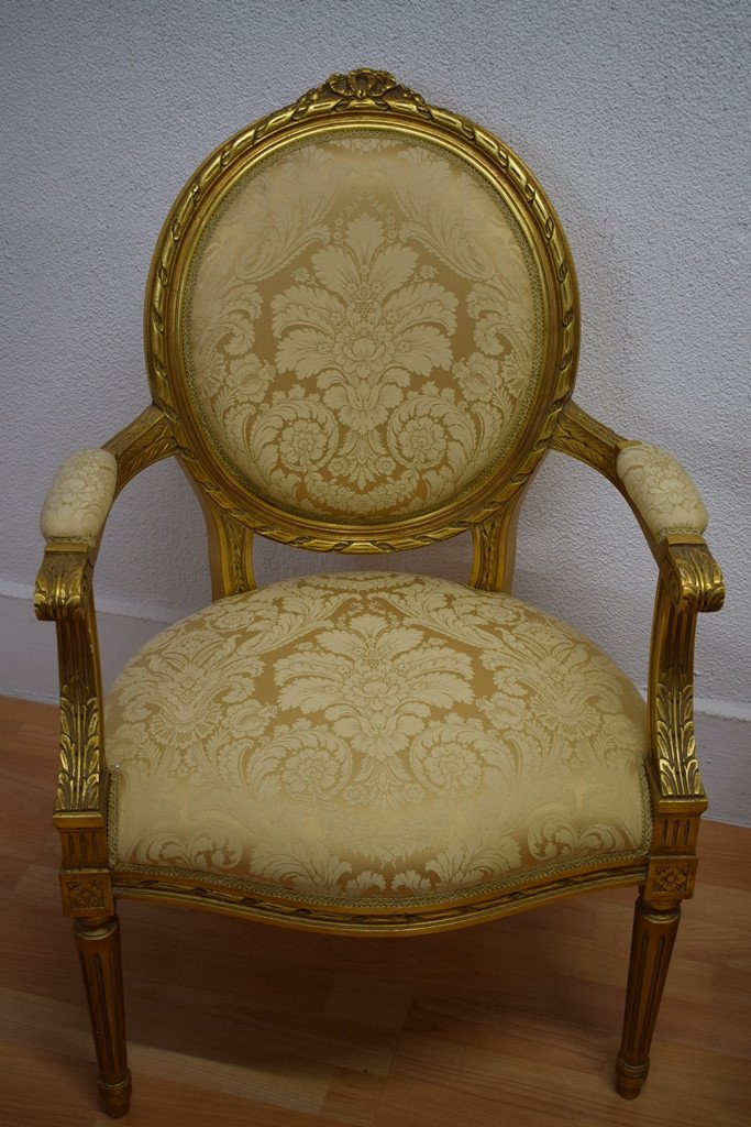 Pair Of Louis XVI Cabriolet Armchairs In Golden Wood-photo-4