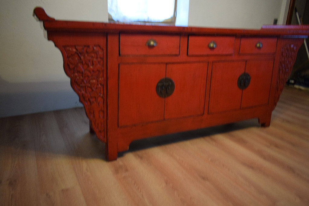Chinese Pagoda-shaped Sideboard In Red Lacquer, From The Early 20th Century.-photo-2