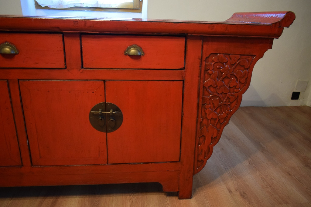 Chinese Pagoda-shaped Sideboard In Red Lacquer, From The Early 20th Century.-photo-3