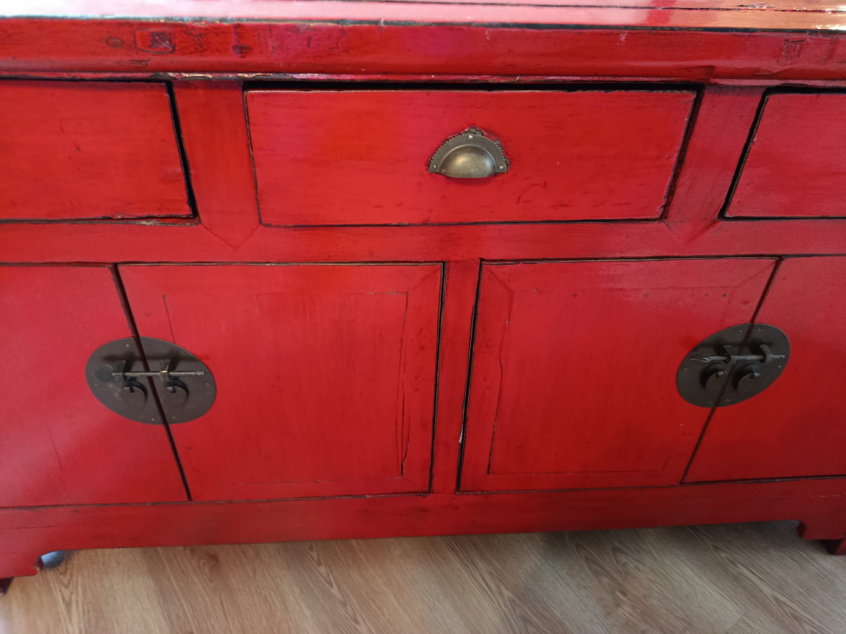 Chinese Pagoda-shaped Sideboard In Red Lacquer, From The Early 20th Century.-photo-3