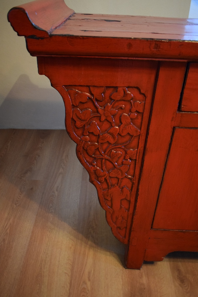Chinese Pagoda-shaped Sideboard In Red Lacquer, From The Early 20th Century.-photo-1