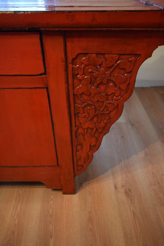 Chinese Pagoda-shaped Sideboard In Red Lacquer, From The Early 20th Century.-photo-2