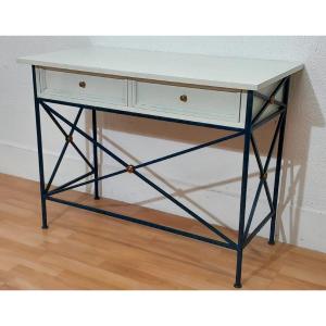 Midnight Blue Lacquered Wrought Iron Console With A White Lacquered Top, Hotel Decoration