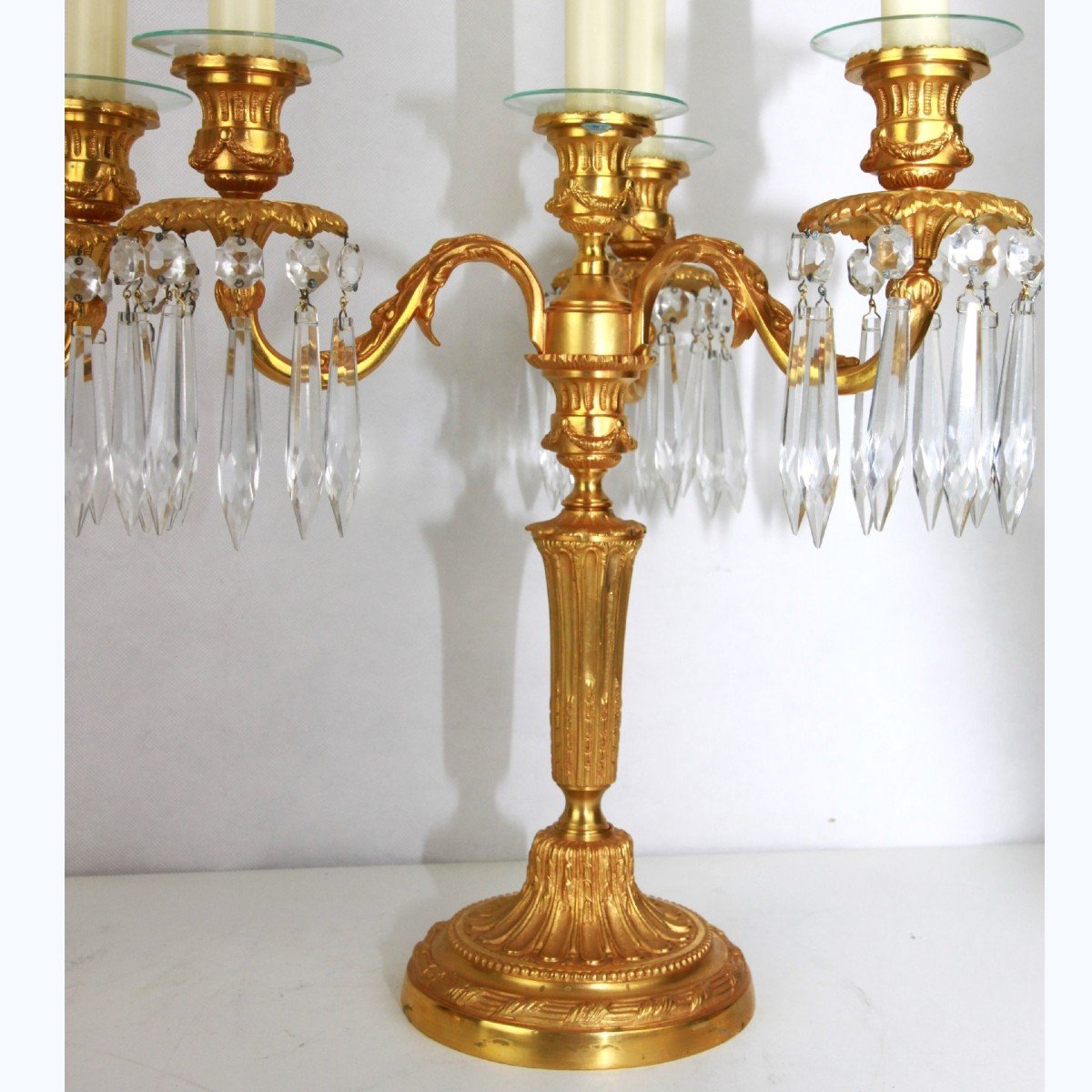 Set Of Antique French Gilt Bronze Candlestick, Candle Holder, Candelabra With Glass Icicles -photo-2