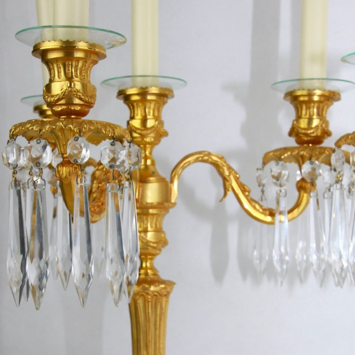 Set Of Antique French Gilt Bronze Candlestick, Candle Holder, Candelabra With Glass Icicles -photo-4