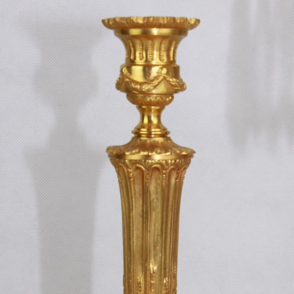 Set Of Antique French Gilt Bronze Candlestick, Candle Holder, Candelabra With Glass Icicles -photo-2