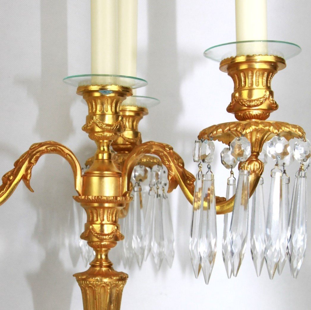 Set Of Antique French Gilt Bronze Candlestick, Candle Holder, Candelabra With Glass Icicles -photo-3