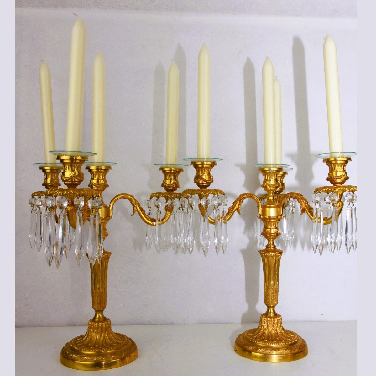 Set Of Antique French Gilt Bronze Candlestick, Candle Holder, Candelabra With Glass Icicles 