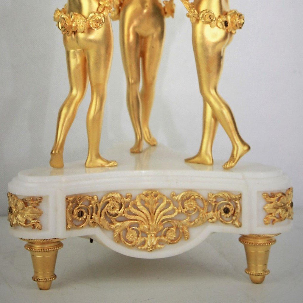 Mantel Clock Rotating Circle (tounant) "three Graces" In Gilt Bronze Louis XVI Style-photo-2