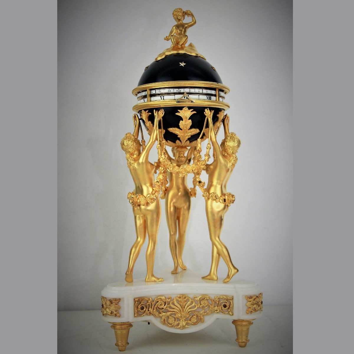 Mantel Clock Rotating Circle (tounant) "three Graces" In Gilt Bronze Louis XVI Style