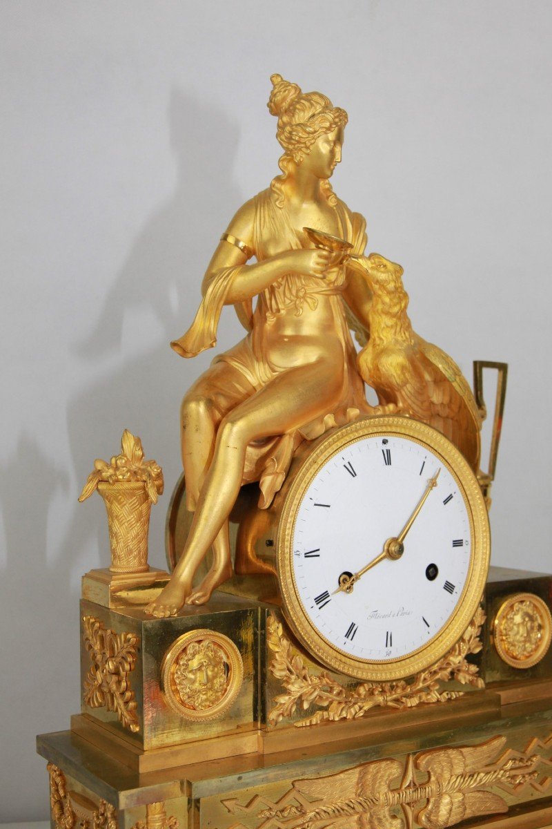 Antique Gold Plated Clock From The French Empire With The Goddess Juno Or Hera And The Eagle Of Jupi-photo-3