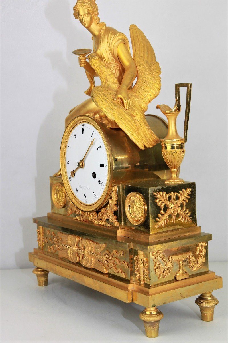 Horloge Ancienne Plaquée Or De l'Empire Français Avec La Déesse Juno Ou Héra Et l'Aigle De Jupi-photo-4