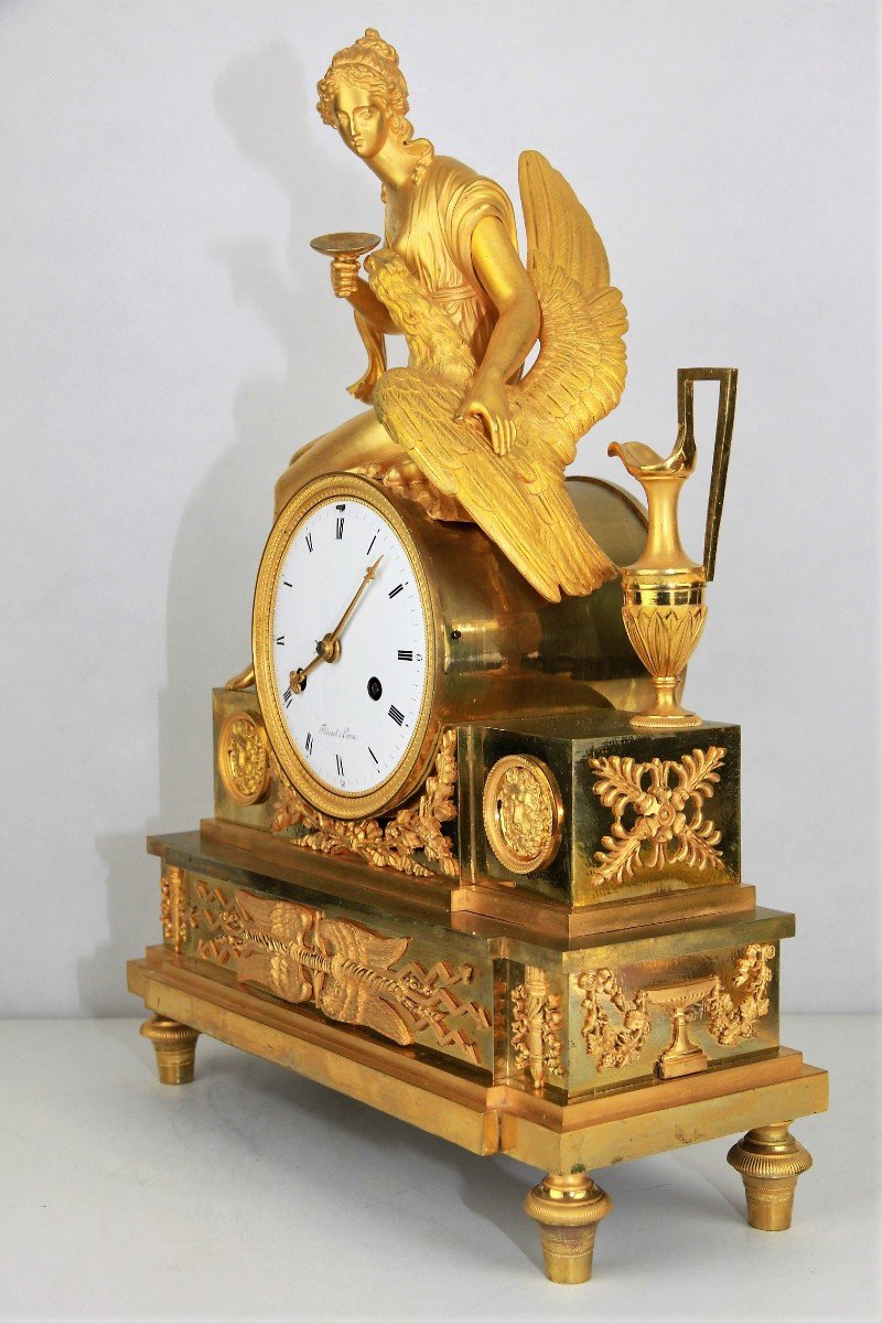 Horloge Ancienne Plaquée Or De l'Empire Français Avec La Déesse Juno Ou Héra Et l'Aigle De Jupi-photo-1
