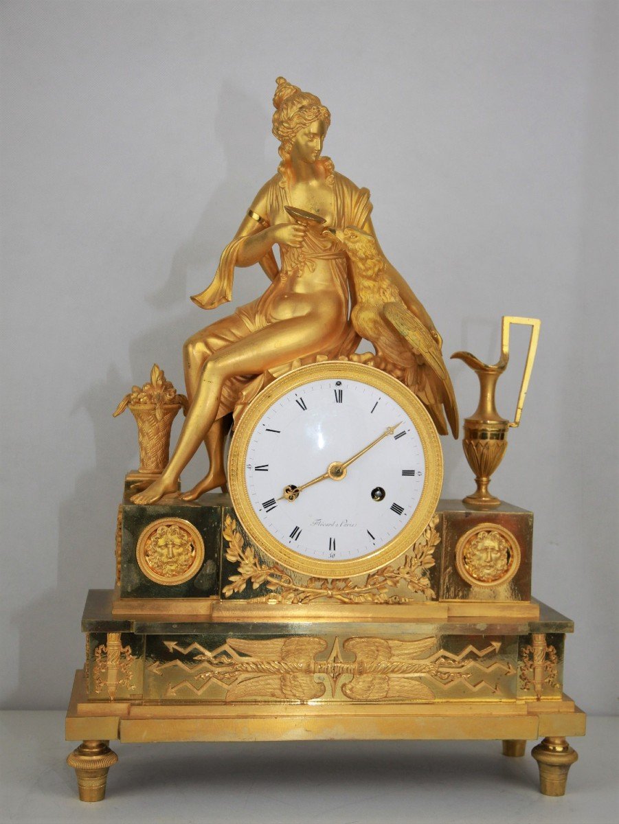 Antique Gold Plated Clock From The French Empire With The Goddess Juno Or Hera And The Eagle Of Jupi-photo-3