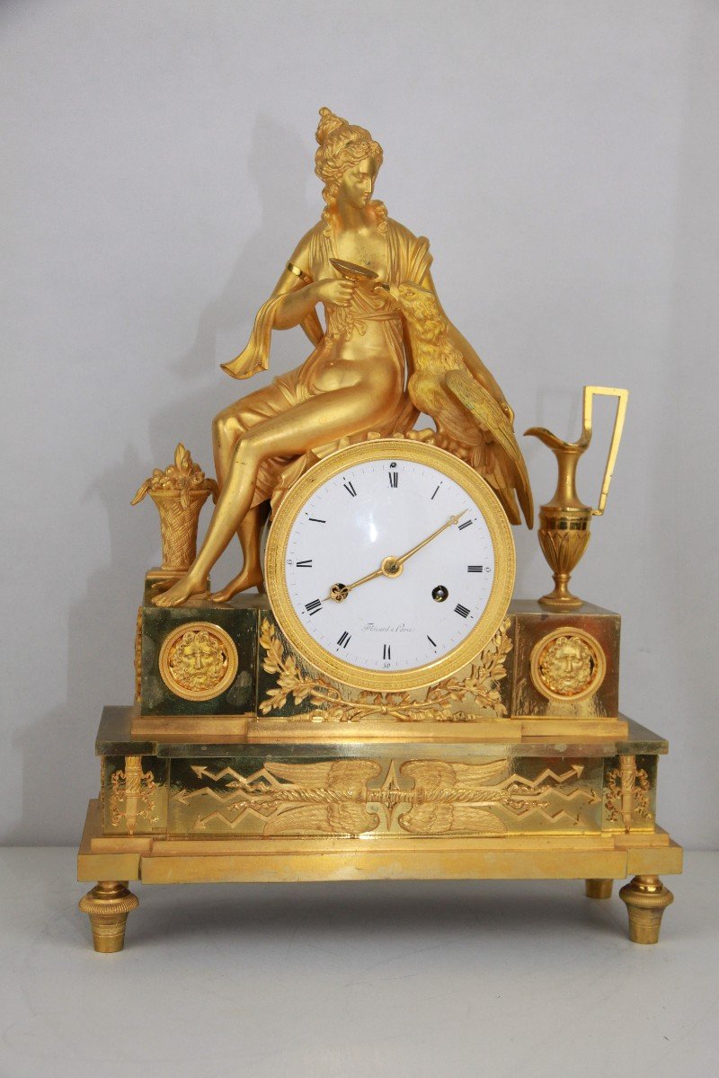 Horloge Ancienne Plaquée Or De l'Empire Français Avec La Déesse Juno Ou Héra Et l'Aigle De Jupi-photo-5