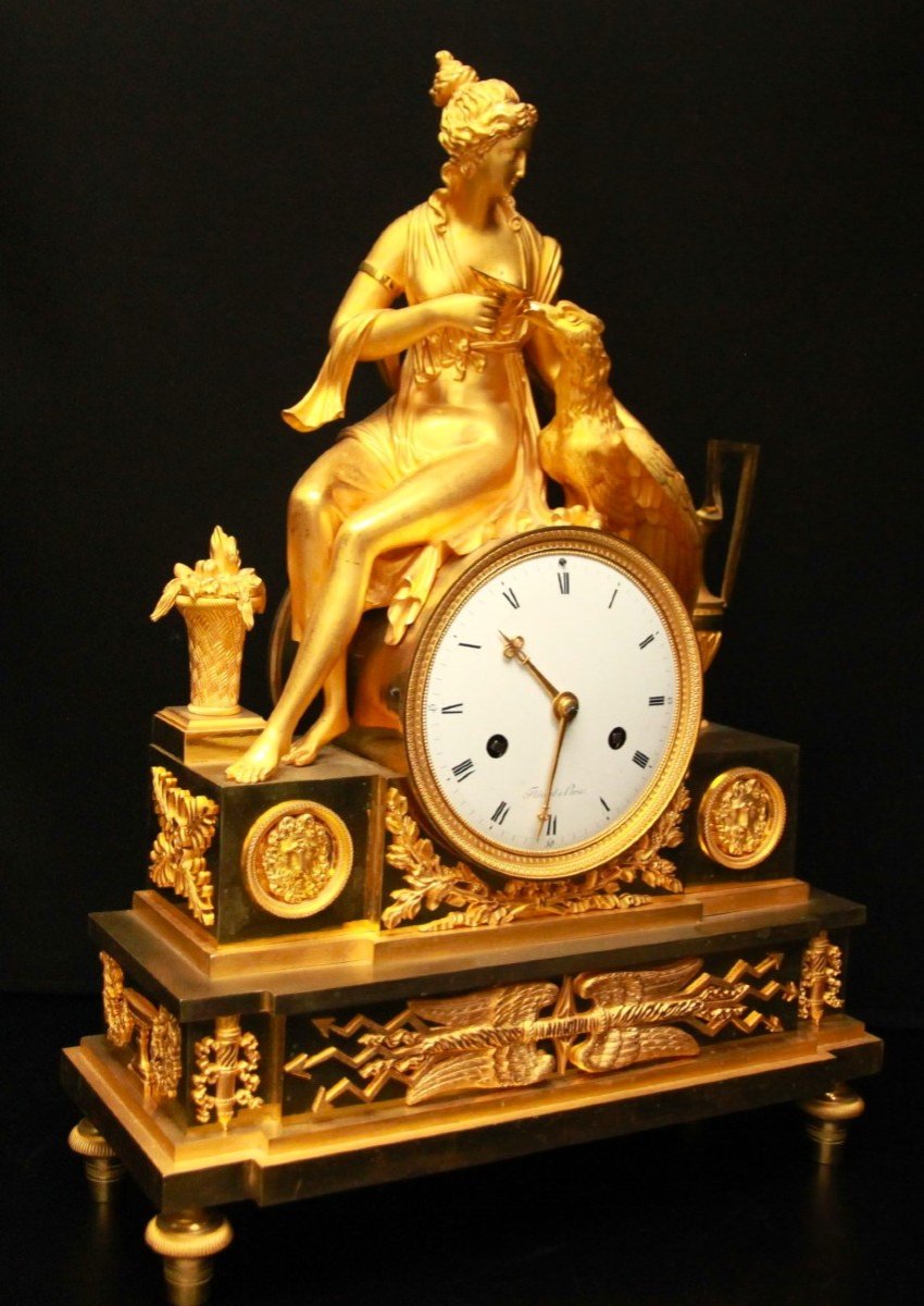 Horloge Ancienne Plaquée Or De l'Empire Français Avec La Déesse Juno Ou Héra Et l'Aigle De Jupi-photo-8