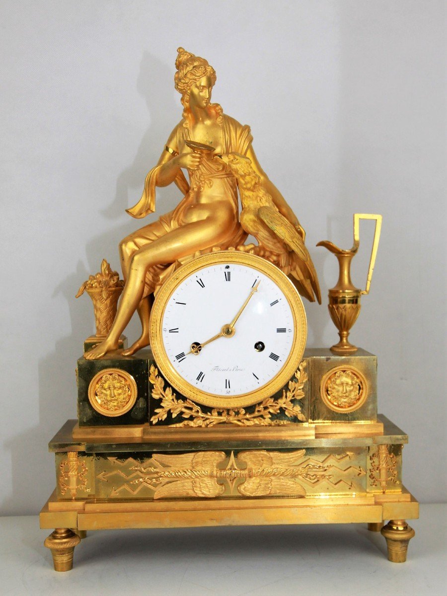 Horloge Ancienne Plaquée Or De l'Empire Français Avec La Déesse Juno Ou Héra Et l'Aigle De Jupi