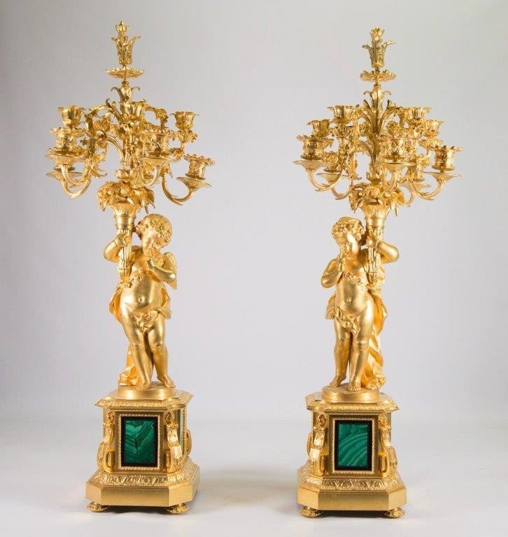 Pendule De Cheminée Française Ancienne Avec Bougeoirs Et Bronze Doré Jade Vert Malachite -photo-4