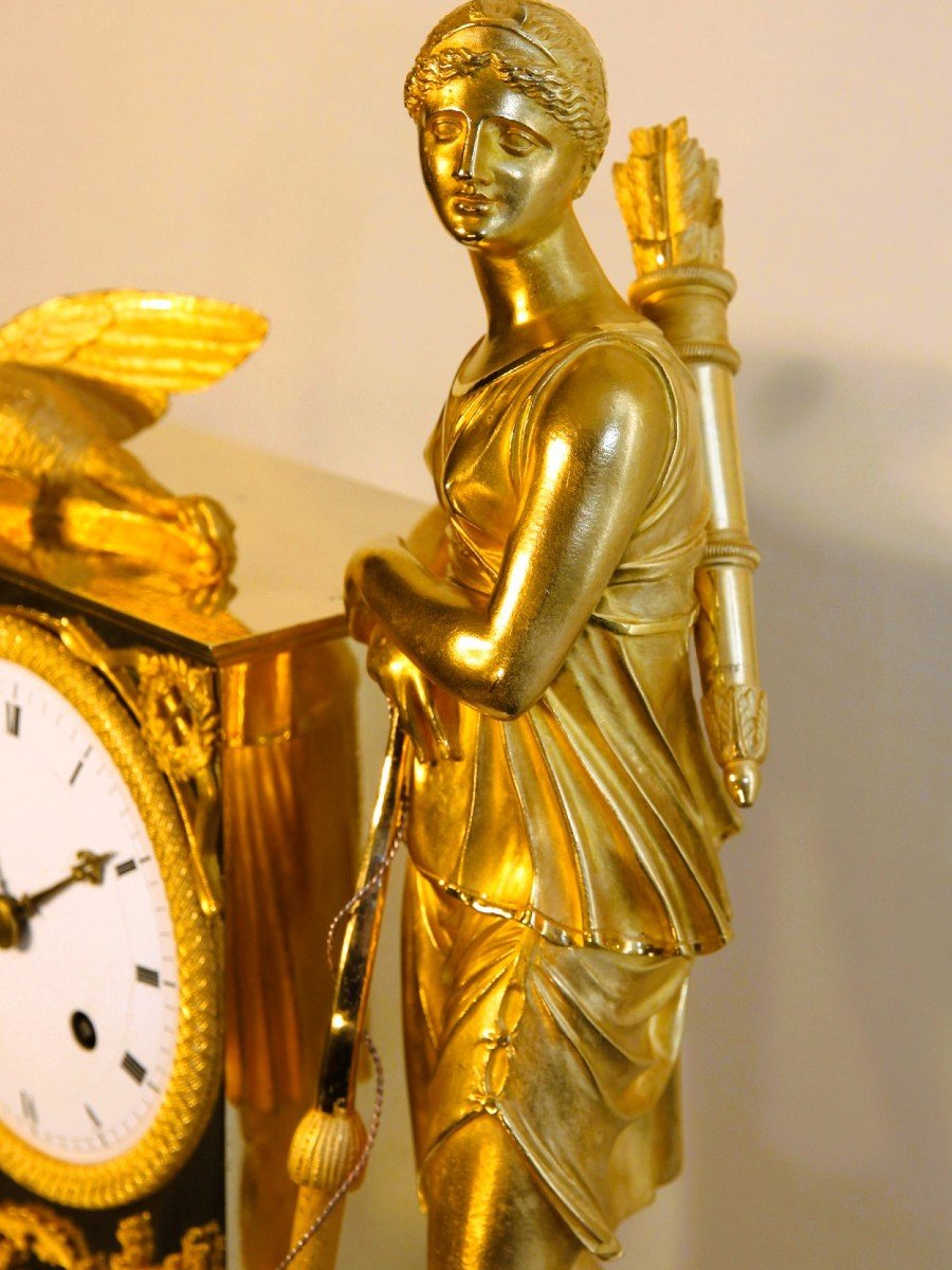 Pendule de cheminée Empire française antique "Diane la déesse de la chasse"-photo-5