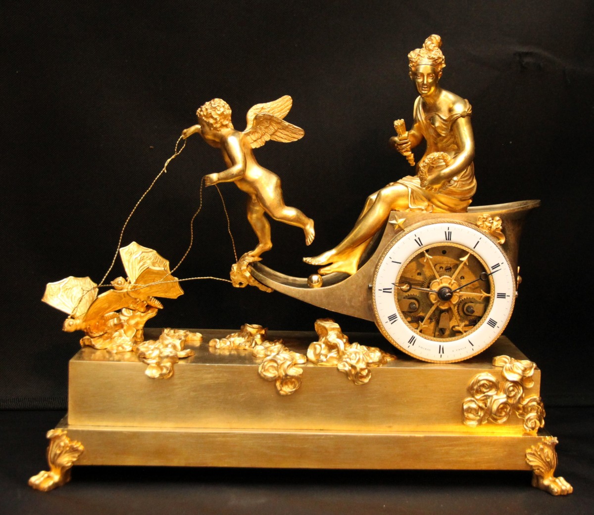 Chariot Clock Empire Period, Claude Galle Model Signature: Thière In Paris