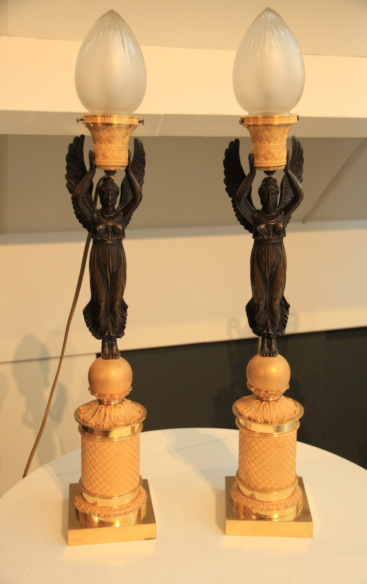 Empire Lamps In Gilded Bronze, Victoria Type