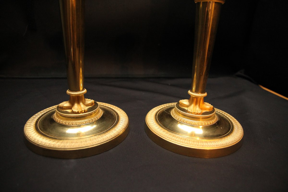 Empire Gilt Bronze Candlesticks, Attributed To Claude Galle-photo-2