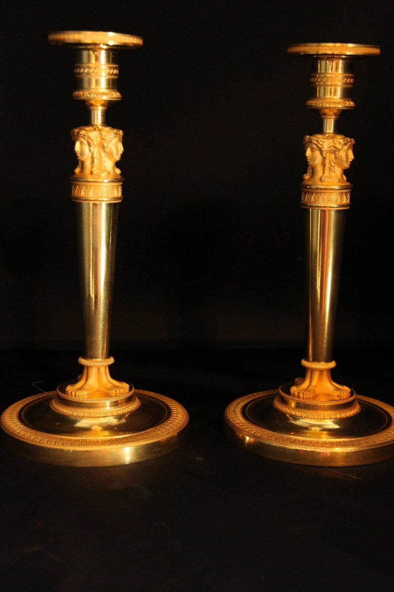 Empire Gilt Bronze Candlesticks, Attributed To Claude Galle-photo-3