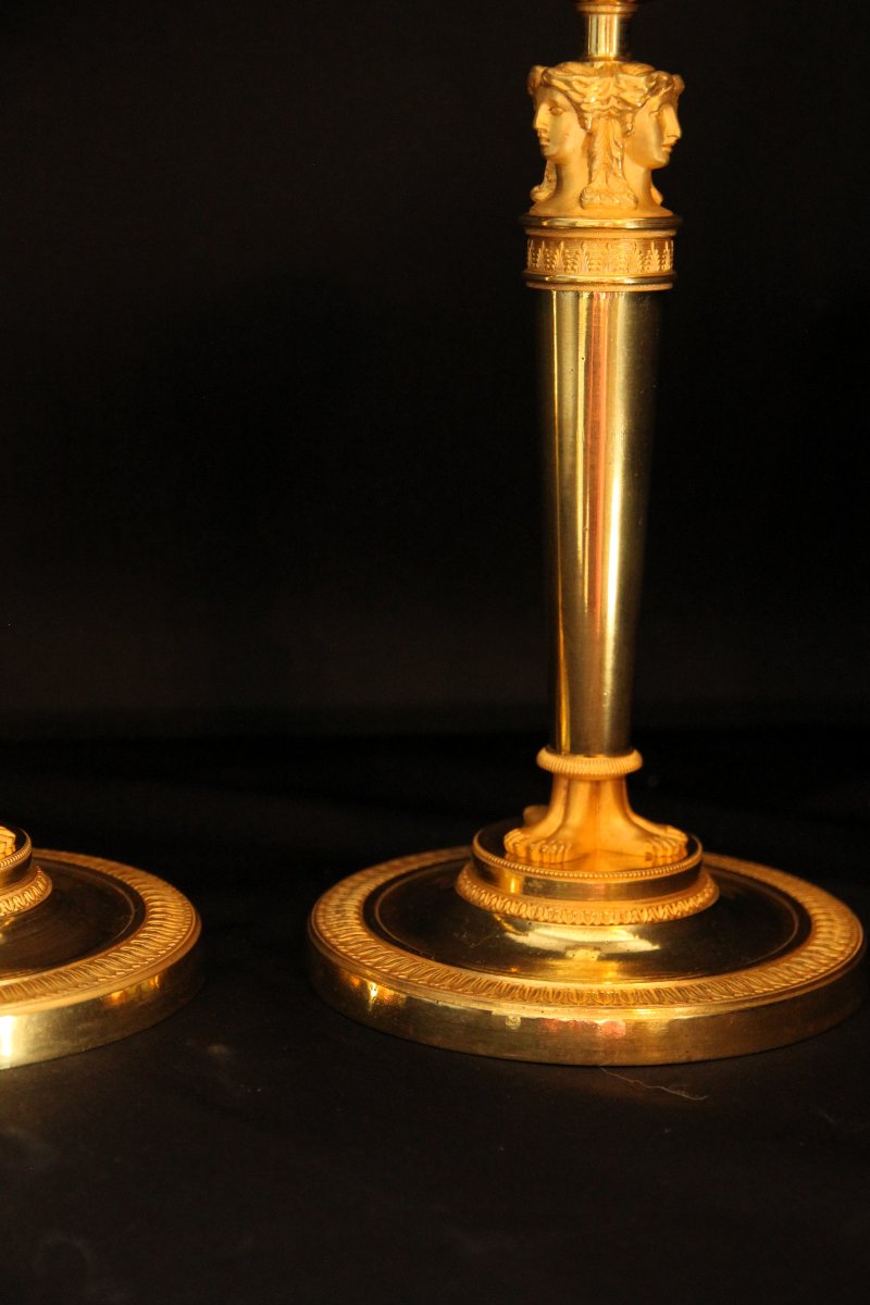 Empire Gilt Bronze Candlesticks, Attributed To Claude Galle-photo-4