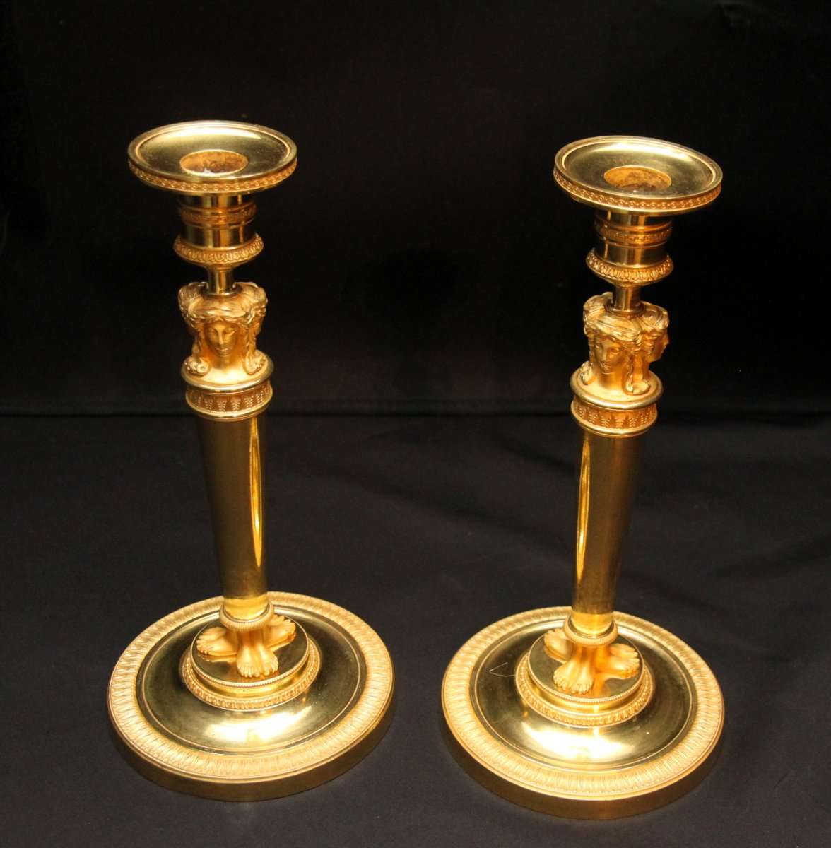 Empire Gilt Bronze Candlesticks, Attributed To Claude Galle-photo-6