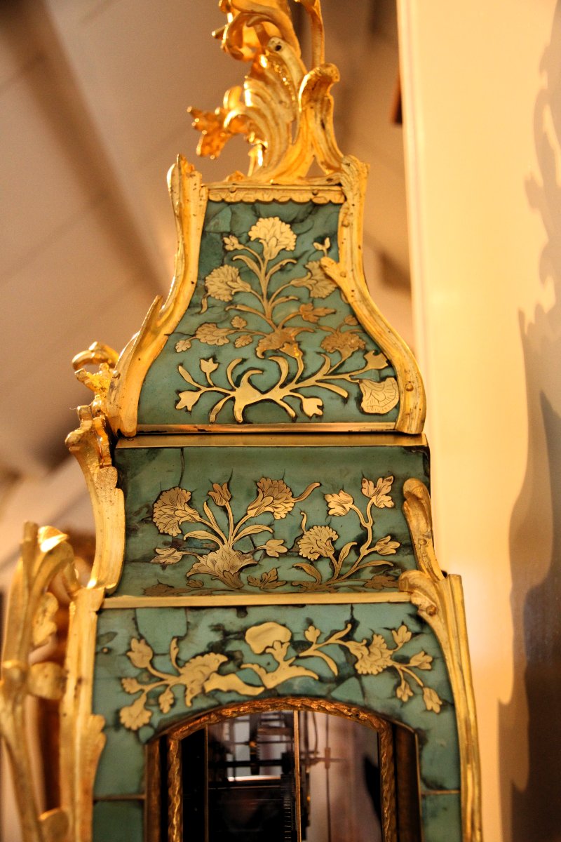 Cartel mural avec console  Type Corne Verte avec marqueterie Boulle et gravure fine.-photo-3