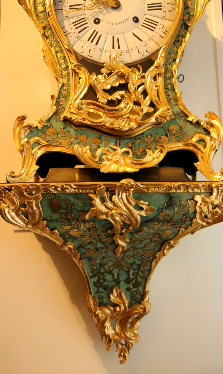 Cartel mural avec console  Type Corne Verte avec marqueterie Boulle et gravure fine.-photo-5