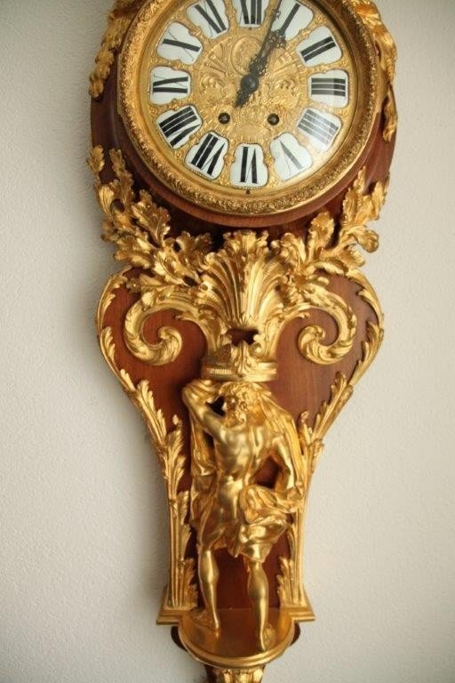 Antique Mahogany Cartel French Wall Clock Ormolu Gilt Bronze-photo-3