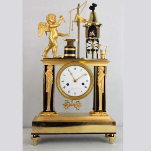 Empire Mantel Clock, Portico Clock In Gilt Bronze "cupid's Blacksmith" Model Jean-simon Deverbe