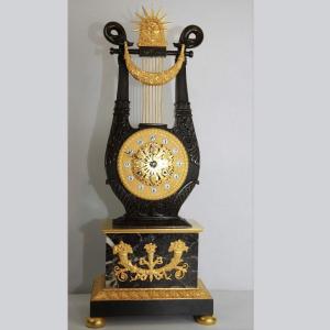 Lyre Mantel Clock Ormolu Gilt Patinated Bronze 