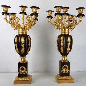 Pair Of Vase Form Candelebra, Restoration Epoch In Gilt And Patinated Bronze