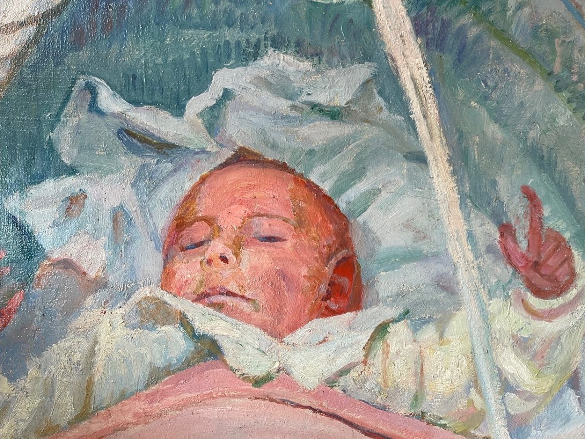 Georges Grios 1972-1944. Oil On Canvas Signed Lower Right "infant In His Cradle"-photo-2