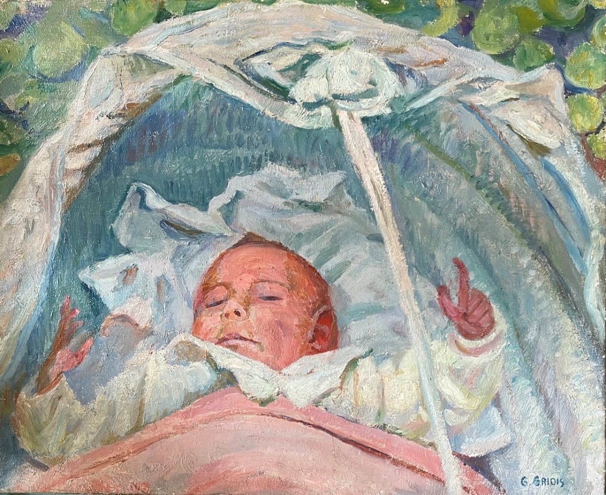 Georges Grios 1972-1944. Oil On Canvas Signed Lower Right "infant In His Cradle"