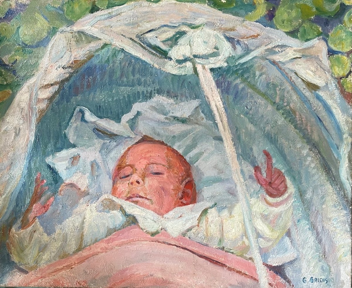 Georges Grios 1972-1944.  Huile Sur Toile Signée En Bas à Droite  "nourrisson Dans Son Berceau"